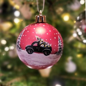 christmas bauble with car and christmas tree