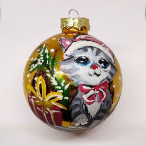 Katt - handmålad julkula - glas - 8 cm